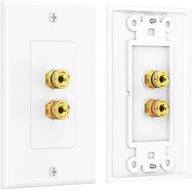 Main image of 2-Pack Speaker Wire Wall Plate, Gold Plated Speaker Wall Plate with Banana Plug Binding Post, White