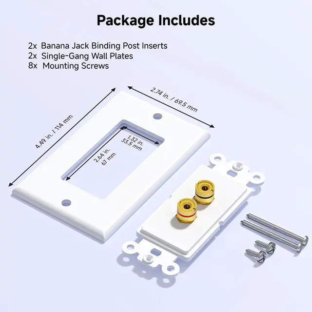 Alt view image 7 of 7 - 2-Pack Speaker Wire Wall Plate, Gold Plated Speaker Wall Plate with Banana Plug Binding Post, White