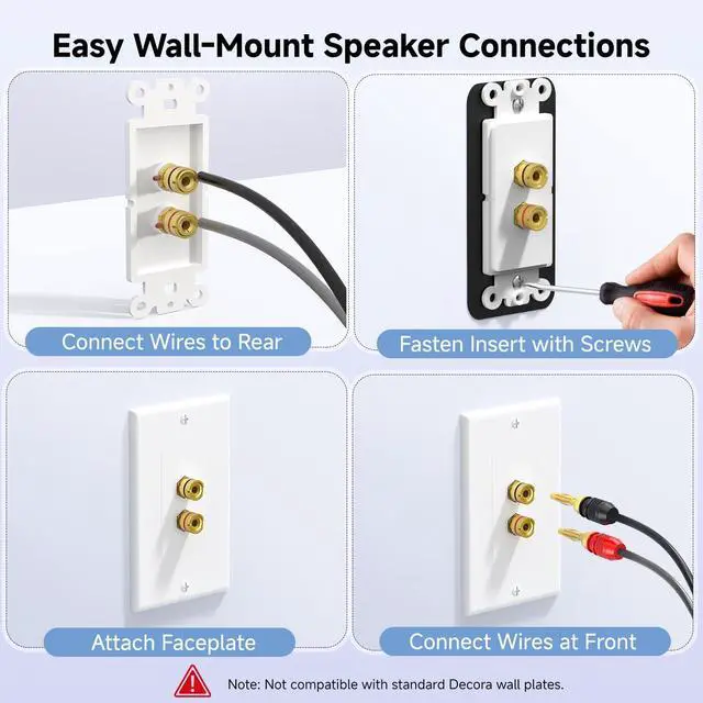 Alt view image 6 of 7 - 2-Pack Speaker Wire Wall Plate, Gold Plated Speaker Wall Plate with Banana Plug Binding Post, White