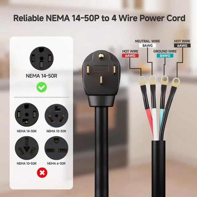 Alt view image 2 of 6 - 4 Prong to 4 Wire Range Cord - 4ft, Heavy Duty 6/8 AWG, 50 Amp Cord, Compatible with Tesla Plug/EV Plug / J1772 Connector (NEMA 14-50P to 4-Wire)