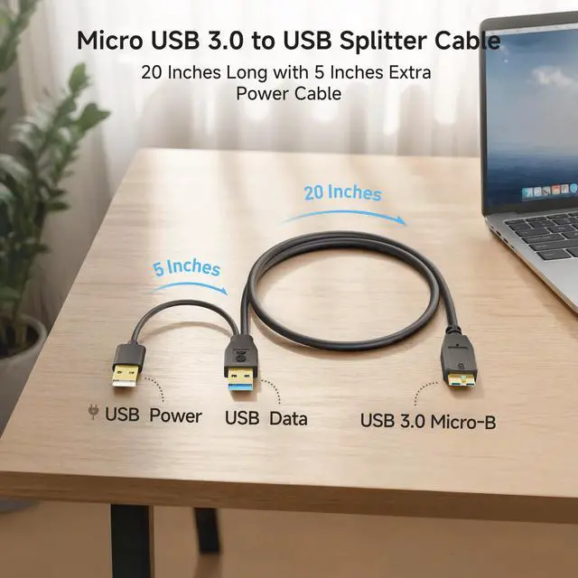 Alt view image 2 of 7 - 5Gbps Micro USB 3.0 to USB Splitter Cable - 20 Inches, Micro-B 3.0 to Dual USBA for Data and Extra Power, MicroUSB 3.0 to USBA Y Cable