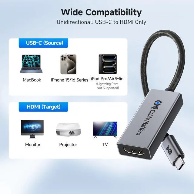 Alt view image 7 of 7 - 48Gbps Unidirectional USB C to HDMI 2.1 Adapter for macOS, Supports 8K@60Hz / 4K@240Hz HDR, Thunderbolt 5 to HDMI Adapter, No Firmware Update Needed