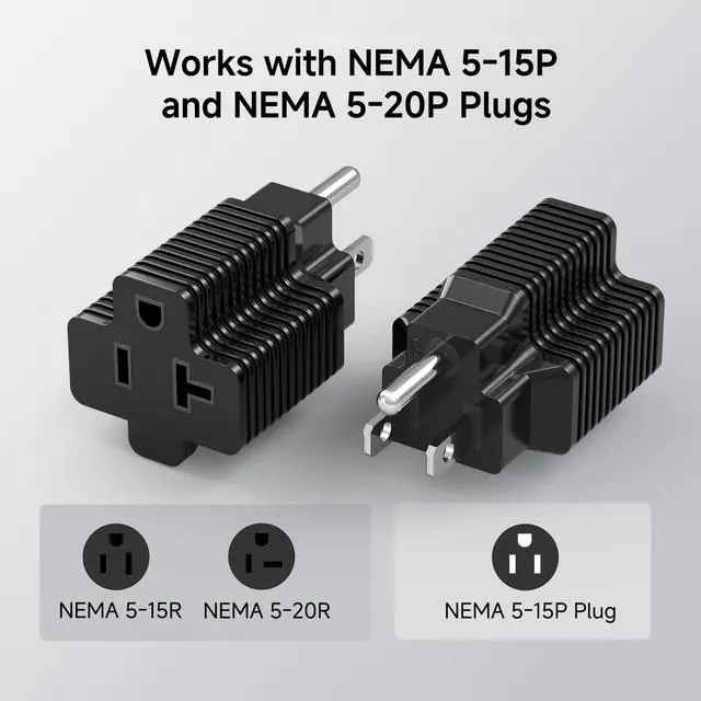 Alt view image 2 of 6 - 3-Pack 15 Amp to 20 Amp Adapter Plug, 20A to 15A Plug Adapter (NEMA 5-15 to 5-20R) in Black
