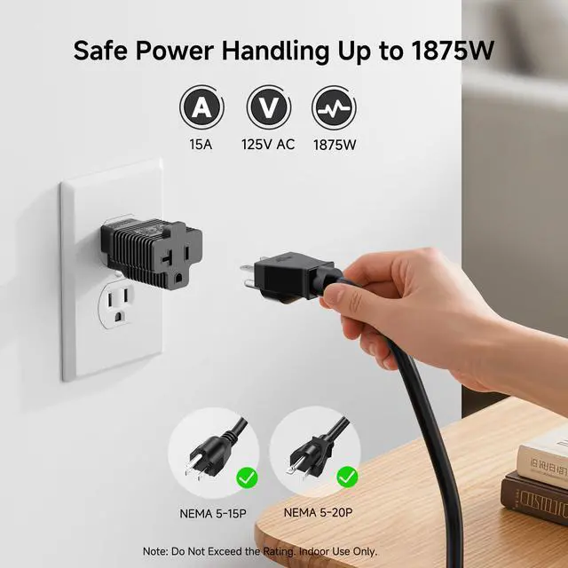 Alt view image 5 of 6 - 3-Pack 15 Amp to 20 Amp Adapter Plug, 20A to 15A Plug Adapter (NEMA 5-15 to 5-20R) in Black