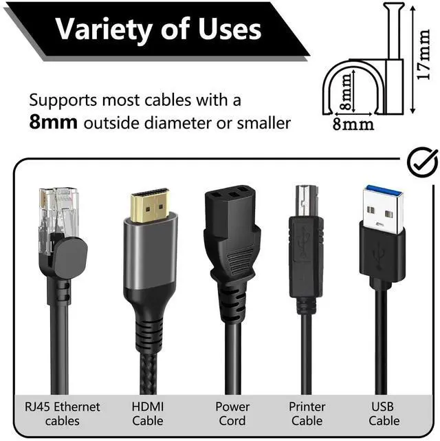 Alt view image 4 of 7 - Jadaol Cable Clips 100Pcs 8mm Nail in Clips for Round Ethernet Cables Wall Clips Cable Tacks Electrical Wire TV Cable Speaker Wire Coax Clips Cable Nails for Cords Cat5/Cat5e/Cat6/Cat7 RJ45 Cord Clips