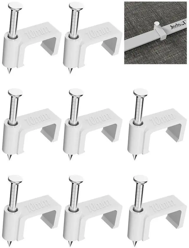 Main image of 100Pcs 10mm Cable Clips with Nails, Flat Ethernet Cable Wall Clips, LAN Network Cable Tacks, Coax & Speaker Wire Clips, Internet Patch Cord Clips for Cat5/Cat5e/Cat6/Cat6a/Cat7/Cat8 RJ45 Cable