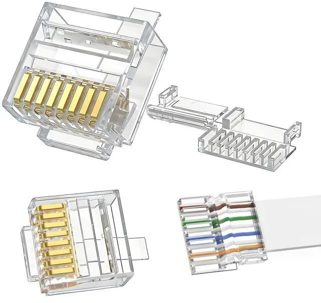 Main image of 20-Pack Cat6 RJ45 Connectors (Cat6 Ends / RJ45 Modular Plugs/Ethernet Plugs/Network Connector) for 30/32AWG Flat Cable, 8P8C with Load Bar, T568B Wiring, Gold-Plated for Reliable Connection