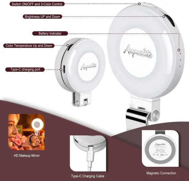 Alt view image 7 of 7 - Selfie Light for iPhone with Makeup Mirror360° Rotation CRI 97+ Ring Light for Phone, Rechargeable Magnetic Selfie Light 2700K-9500K 300 Lumens for Phone iPhone Photography Video TikTok Zoom Makeup