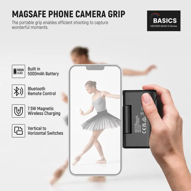 Alt view image 2 of 7 - Basics Magnetic Phone Camera Grip Handle with Shutter Remote Compatible with MagSafe iPhone ONLY, 18W Magnetic Charging, 5000mAh Rechargeable for Vlog Selfie Tripod Video Recording, WS-25001