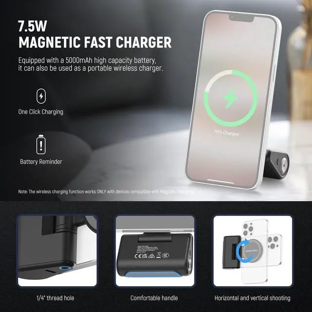 Alt view image 5 of 7 - Basics Magnetic Phone Camera Grip Handle with Shutter Remote Compatible with MagSafe iPhone ONLY, 18W Magnetic Charging, 5000mAh Rechargeable for Vlog Selfie Tripod Video Recording, WS-25001