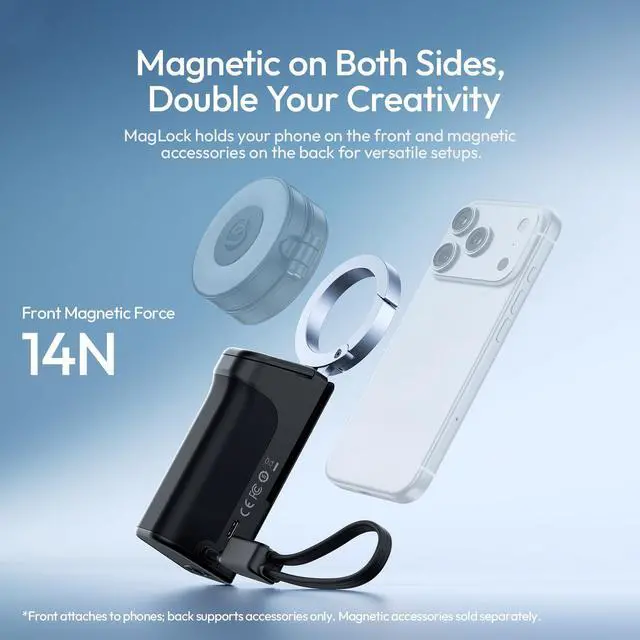 Alt view image 3 of 7 - MG13 Magnetic Phone Grip Power Bank 5000mAh, Bluetooth Wireless Remote Shutter 33ft, Type-C Fast Charging, 1/4-20 Tripod Thread, Vertical Camera Grip Compatible with iPhone 17 16 15 Pro Max