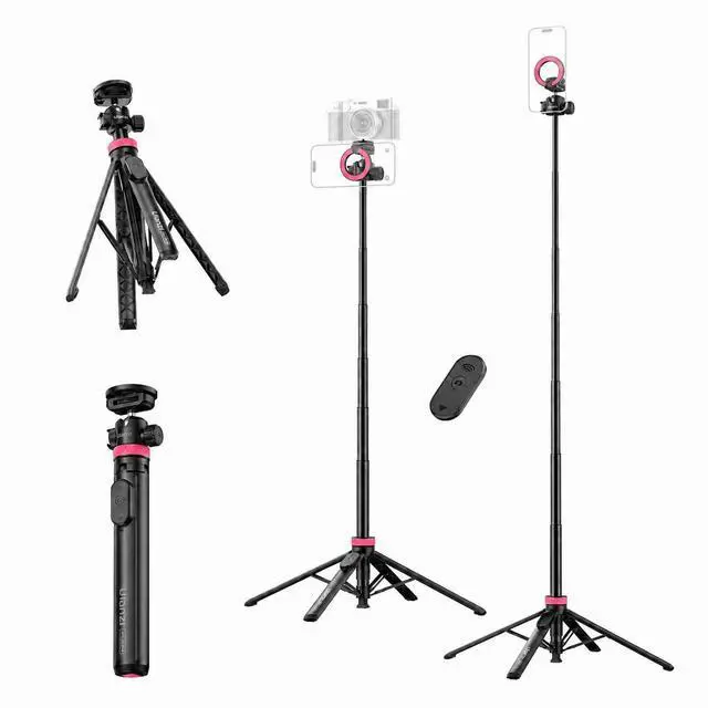 Main image of MT44M Auto Open Magnetic Phone Tripod, 59" Selfie Stick Tripod Stand w Remote, 2-in-1 Dual Mount&1/4" Screw for Phone&Camera, 360°Ball Head for iPhone Android, Vlogging, Live Streaming, Black