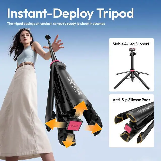 Alt view image 2 of 7 - MT44M Auto Open Magnetic Phone Tripod, 59" Selfie Stick Tripod Stand w Remote, 2-in-1 Dual Mount&1/4" Screw for Phone&Camera, 360°Ball Head for iPhone Android, Vlogging, Live Streaming, Black