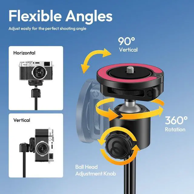 Alt view image 4 of 7 - MT44M Auto Open Magnetic Phone Tripod, 59" Selfie Stick Tripod Stand w Remote, 2-in-1 Dual Mount&1/4" Screw for Phone&Camera, 360°Ball Head for iPhone Android, Vlogging, Live Streaming, Black