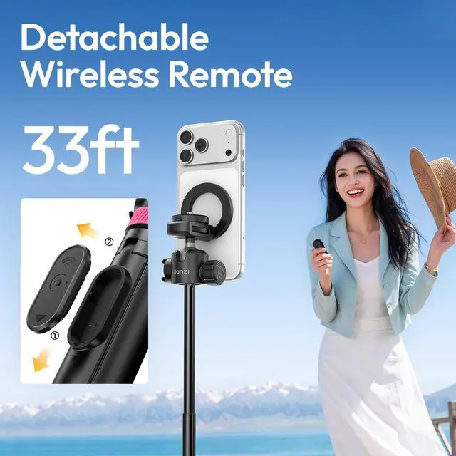 Alt view image 5 of 7 - MT44M Auto Open Magnetic Phone Tripod, 59" Selfie Stick Tripod Stand w Remote, 2-in-1 Dual Mount&1/4" Screw for Phone&Camera, 360°Ball Head for iPhone Android, Vlogging, Live Streaming, Black