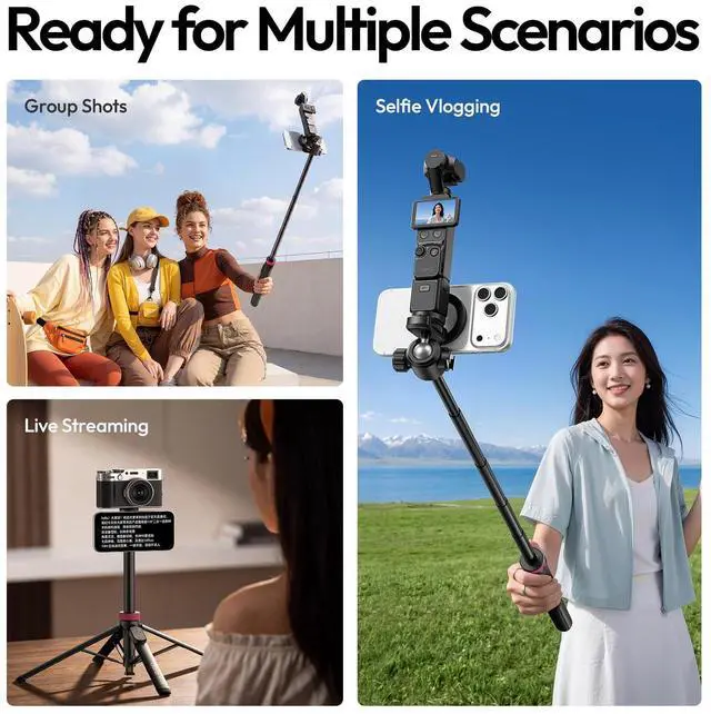 Alt view image 6 of 7 - MT44M Auto Open Magnetic Phone Tripod, 59" Selfie Stick Tripod Stand w Remote, 2-in-1 Dual Mount&1/4" Screw for Phone&Camera, 360°Ball Head for iPhone Android, Vlogging, Live Streaming, Black