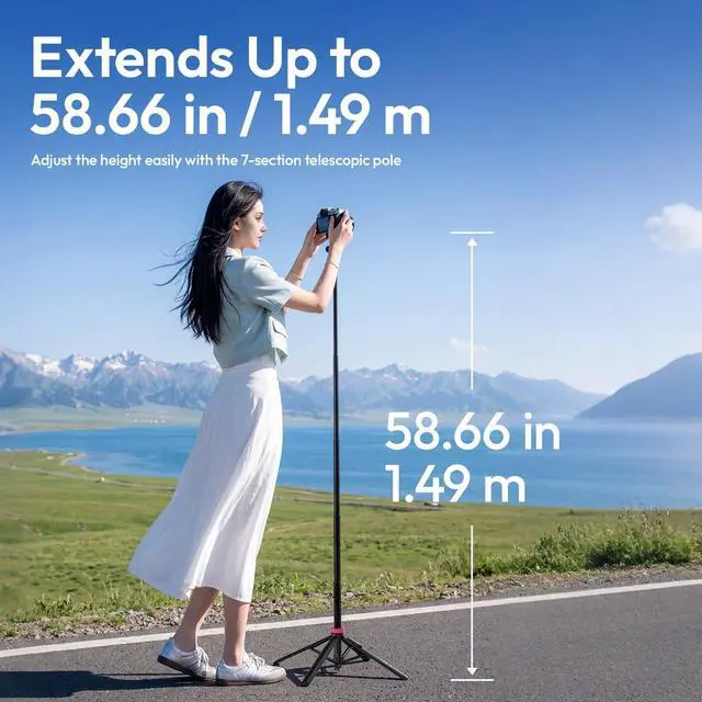 Alt view image 7 of 7 - MT44M Auto Open Magnetic Phone Tripod, 59" Selfie Stick Tripod Stand w Remote, 2-in-1 Dual Mount&1/4" Screw for Phone&Camera, 360°Ball Head for iPhone Android, Vlogging, Live Streaming, Black