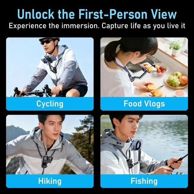 Alt view image 7 of 7 - Clip Neck Phone Holder, POV/Vlog Recording Selfie Hand Free Neck Mount, Cooking/Riding Video Fliming, Anti-Shake Chest Strap, for iPhone Android, 360° Adjustable