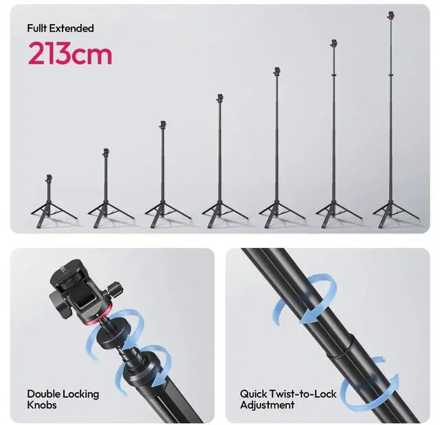 Alt view image 3 of 7 - MT-80 Aluminum Tripod Stand, 7FT Extendable Camera Phone Tripod for Travel, Auto Pop-Up, 1/4" Screw, 360 Ball Head Portable Photo Video Light Stand for DSLR Camera, Ring Light, Video Rig