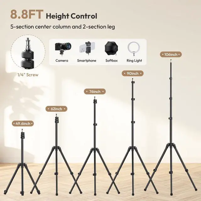Alt view image 2 of 7 - T270 Light Stand - 8.8FT/270cm Adjustable Photography Light Stand Tripod, Aluminum Portable Studio Lighting Stand for Softbox, LED Video Light, Reflector, Strobe, Photo Video Photography