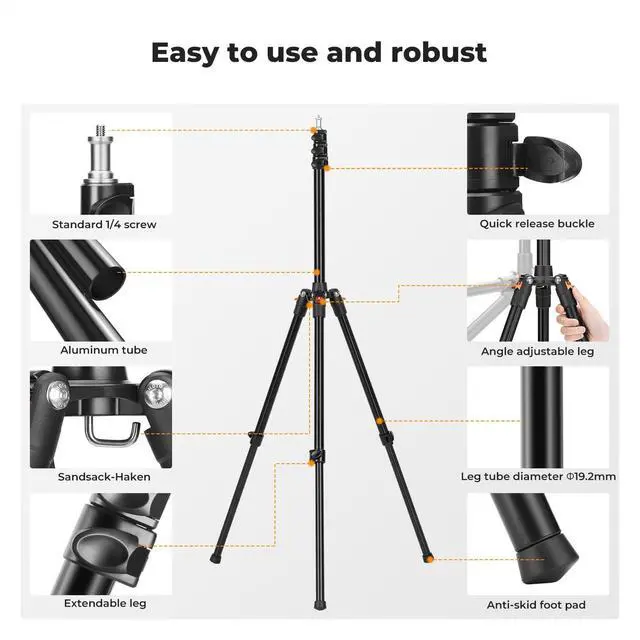 Alt view image 5 of 7 - Extendable Photography Stand, Adjustable 6.56ft/78.7"/2M Aluminum Tripod with 1/4" Screw, Reversible Portable Studio Lighting Tripod for Strobe Light/Webcams/Cameras with Bag(1-Pack
