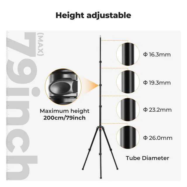 Alt view image 7 of 7 - Extendable Photography Stand, Adjustable 6.56ft/78.7"/2M Aluminum Tripod with 1/4" Screw, Reversible Portable Studio Lighting Tripod for Strobe Light/Webcams/Cameras with Bag(1-Pack