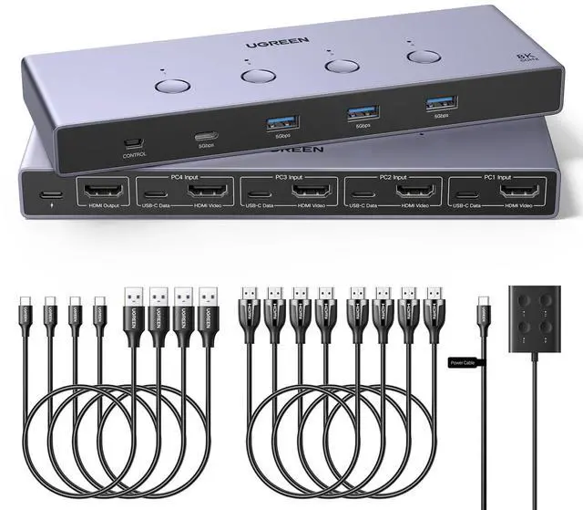 Main image of 8K@60Hz HDMI KVM Switch 4 Computers with 4 USB 3.0 Ports Aluminum KVM Switches Share One Monitor Keyboard Mouse Hard Drives Printer with 4 HDMI Cables, 4 USB Cables and Desktop Controller