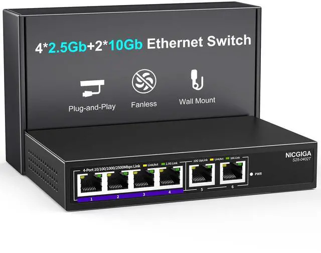 Main image of 10Gbe Ethernet Switch Unmanaged with 2 x 10Gb RJ45 Ports + 4 x 2.5Gb Base-T Ports, Desktop/Wall Mount 6 Port 10Gbps Network Switch for Wireless AP, NAS, PC