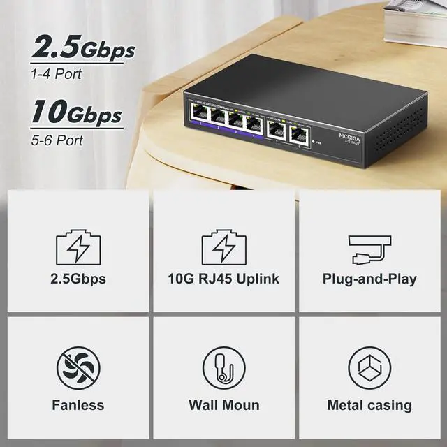 Alt view image 4 of 7 - 10Gbe Ethernet Switch Unmanaged with 2 x 10Gb RJ45 Ports + 4 x 2.5Gb Base-T Ports, Desktop/Wall Mount 6 Port 10Gbps Network Switch for Wireless AP, NAS, PC
