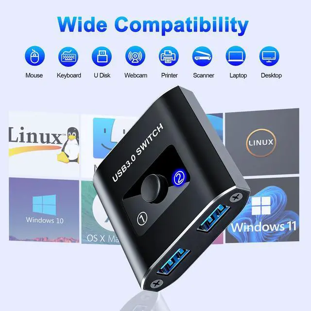 Alt view image 4 of 7 - USB 3.0 Switch, Bi-Directional USB Switch 1 in 2 Out/ 2 in 1 Out, Aluminum USB Switcher 2 Computers Share USB Devices for Printer, Keyboard, Scanner, Mouse - Compatible with Mac/Win/Linux