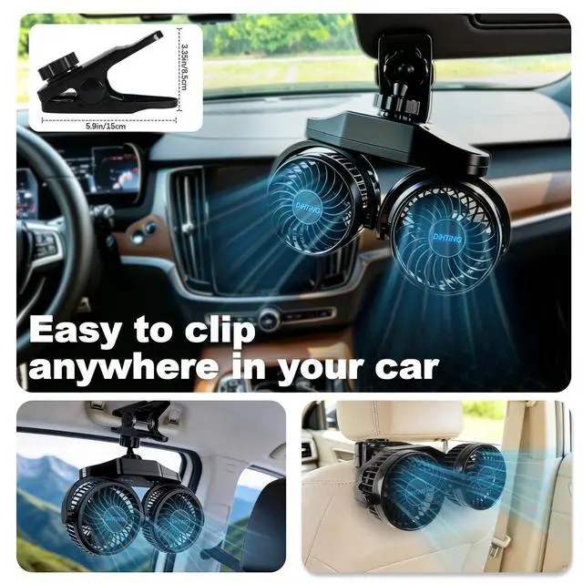Alt view image 3 of 7 - Battery Powered Clip Car Fans, 3-Speed Dual Head Clip Car Cooling Fan for Backseat, Independent Switches, 360° Rotatable Rechargeable Fans with USB Plug for Vehicles RV SUV Truck Golf Cart Stroller