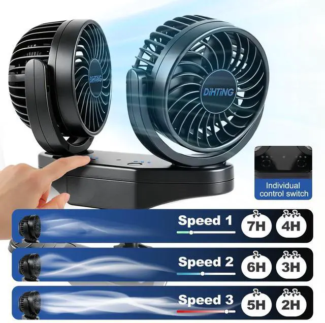 Alt view image 4 of 7 - Battery Powered Clip Car Fans, 3-Speed Dual Head Clip Car Cooling Fan for Backseat, Independent Switches, 360° Rotatable Rechargeable Fans with USB Plug for Vehicles RV SUV Truck Golf Cart Stroller