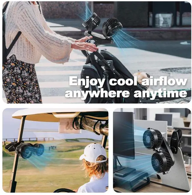 Alt view image 7 of 7 - Battery Powered Clip Car Fans, 3-Speed Dual Head Clip Car Cooling Fan for Backseat, Independent Switches, 360° Rotatable Rechargeable Fans with USB Plug for Vehicles RV SUV Truck Golf Cart Stroller
