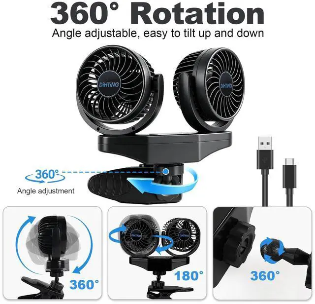 Alt view image 6 of 7 - Battery Powered Clip Car Fans, 3-Speed Dual Head Clip Car Cooling Fan for Backseat, Independent Switches, 360° Rotatable Rechargeable Fans with USB Plug for Vehicles RV SUV Truck Golf Cart Stroller