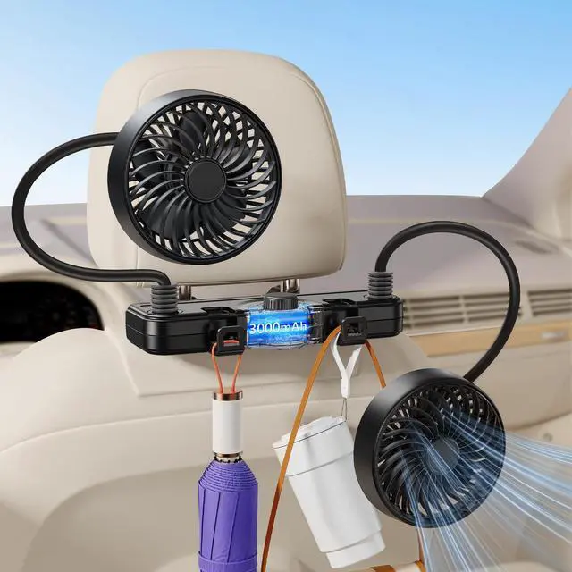 Main image of 3000mAh Dual 360 Hose Rechargeable Fan for Car SUV RV Pickup Vehicle Headrest, Car Seat Fan for Baby Kids Rear Facing - Quiet Stepless Wind Speed 2 Storage Hook