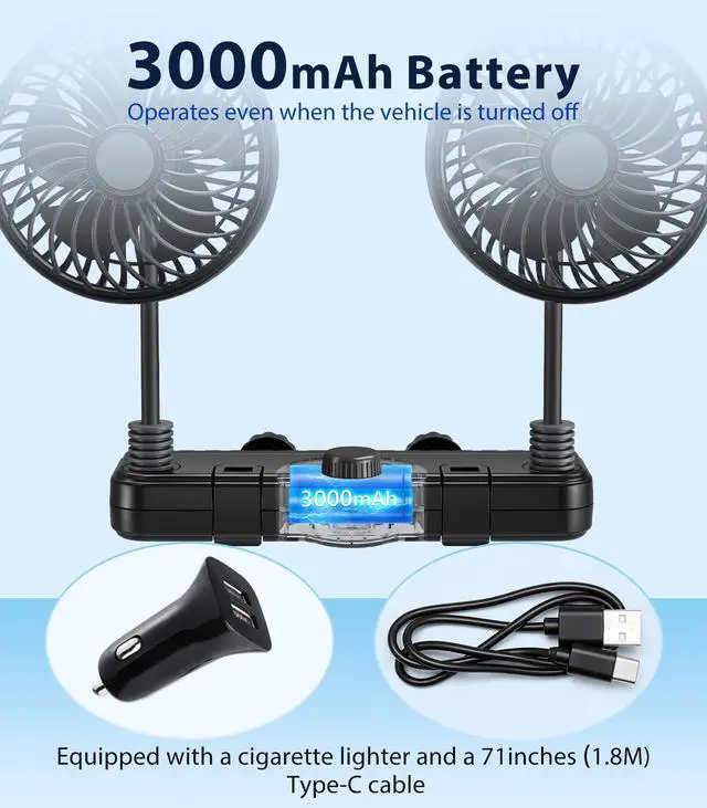 Alt view image 2 of 7 - 3000mAh Dual 360 Hose Rechargeable Fan for Car SUV RV Pickup Vehicle Headrest, Car Seat Fan for Baby Kids Rear Facing - Quiet Stepless Wind Speed 2 Storage Hook