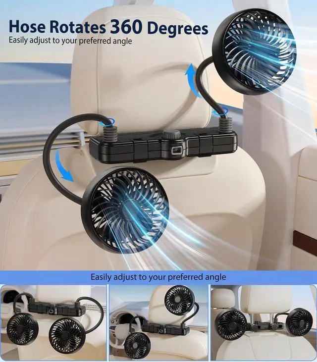 Alt view image 3 of 7 - 3000mAh Dual 360 Hose Rechargeable Fan for Car SUV RV Pickup Vehicle Headrest, Car Seat Fan for Baby Kids Rear Facing - Quiet Stepless Wind Speed 2 Storage Hook