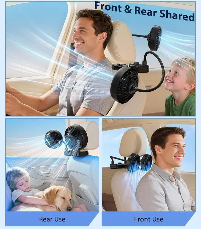 Alt view image 5 of 7 - 3000mAh Dual 360 Hose Rechargeable Fan for Car SUV RV Pickup Vehicle Headrest, Car Seat Fan for Baby Kids Rear Facing - Quiet Stepless Wind Speed 2 Storage Hook