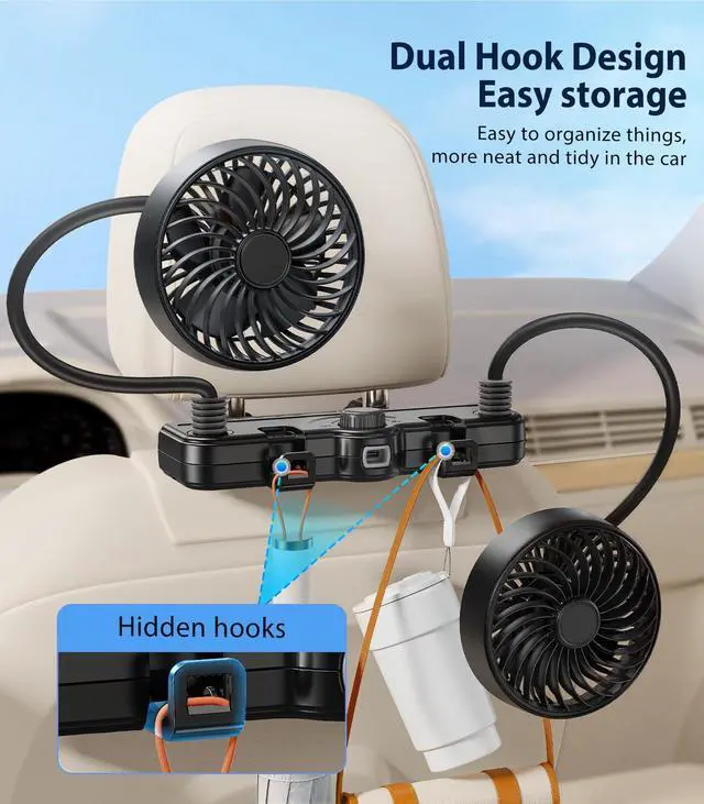Alt view image 6 of 7 - 3000mAh Dual 360 Hose Rechargeable Fan for Car SUV RV Pickup Vehicle Headrest, Car Seat Fan for Baby Kids Rear Facing - Quiet Stepless Wind Speed 2 Storage Hook