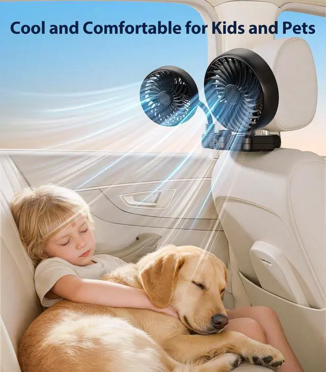 Alt view image 4 of 7 - 3000mAh Dual 360 Hose Rechargeable Fan for Car SUV RV Pickup Vehicle Headrest, Car Seat Fan for Baby Kids Rear Facing - Quiet Stepless Wind Speed 2 Storage Hook