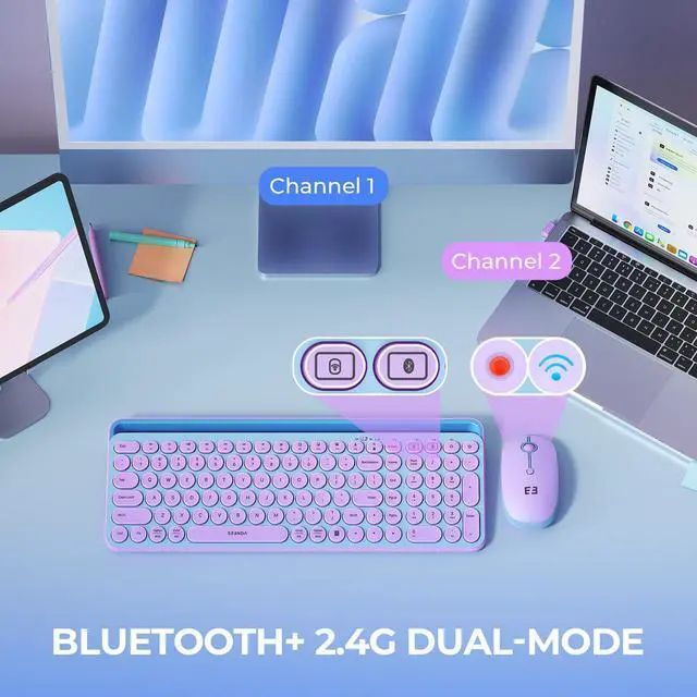 Alt view image 2 of 6 - Bluetooth Keyboard and Mouse for iPad, CTU-301 Wireless Multi-Device Connection Bluetooth+2.4G Keyboard Mouse Combo with Tablet Holder for iPad/Macbook/Windows, iOS/Android/Phone, Blue & Purple
