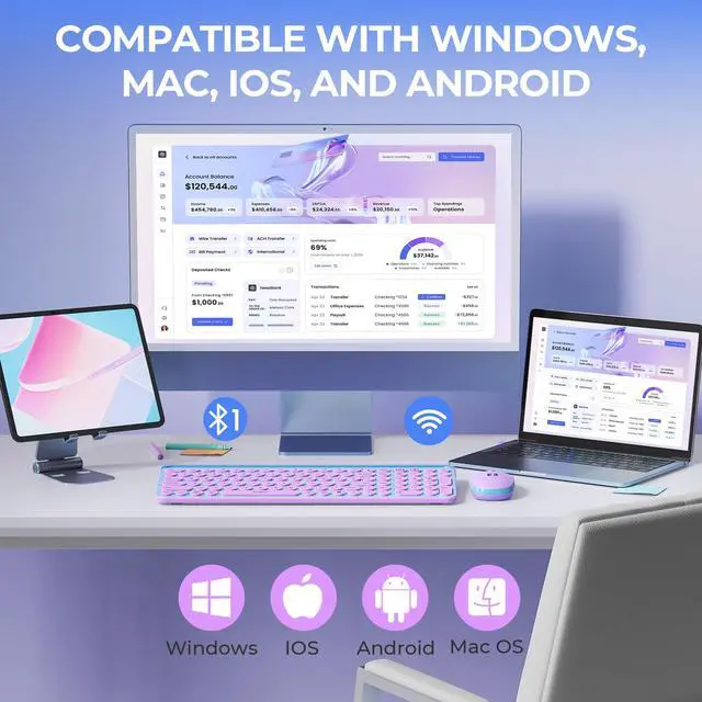Alt view image 6 of 6 - Bluetooth Keyboard and Mouse for iPad, CTU-301 Wireless Multi-Device Connection Bluetooth+2.4G Keyboard Mouse Combo with Tablet Holder for iPad/Macbook/Windows, iOS/Android/Phone, Blue & Purple