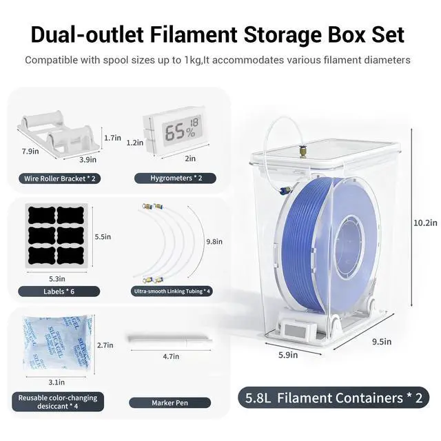 Alt view image 2 of 7 - 3D Printer Filament Storage Box, Airtight Filament Dry Box with Dual Outlets, Hygrometer, Reusable Desiccant & Spool Holders for Continuous Printing Filament Storage and Protection, 5.8L, 2Pack