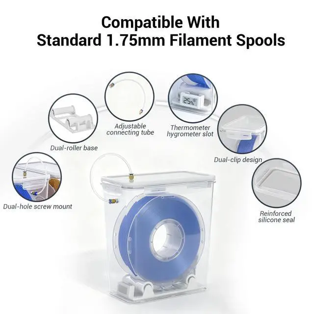 Alt view image 5 of 7 - 3D Printer Filament Storage Box, Airtight Filament Dry Box with Dual Outlets, Hygrometer, Reusable Desiccant & Spool Holders for Continuous Printing Filament Storage and Protection, 5.8L, 2Pack