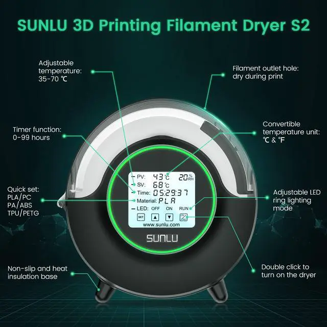 Alt view image 5 of 7 - Official Filament Dryer S2, 70 Max Temperature, Built-in Circulation Fan, 3D Printer Filament Storage Box Filament Dehydrator, Nylon TPU PLA PETG ABS 3D Printer Filament Dryer Box (Black)