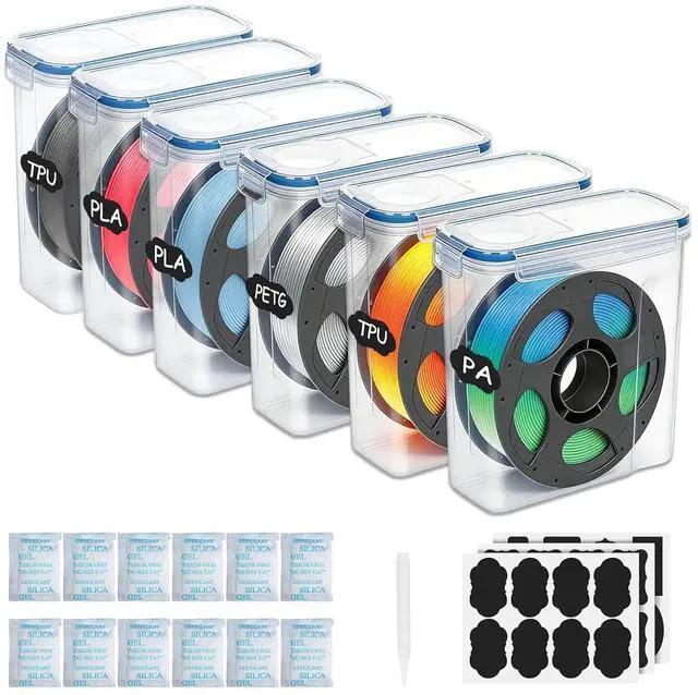 Main image of Filament Storage Box - 6 Pack Filament Storage Container for 3D Printing Filaments, Portable Filament Storage with Desiccants and Label Water-Proof Dust-Proof for 1.75mm Filament