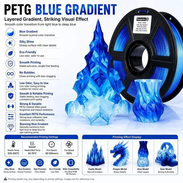 Alt view image 2 of 7 - PETG 3D Printer Filament 1.75mm,Ice Blue Gradient,Translucent Crystal Blue,3D Printer Filament, Glossy PETG Filament for FDM 3D Printing 1kg(2.2lbs)