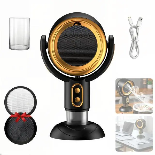 Main image of PuffHide 2026 UpgradeSmoke Away Purifier Fan, Black & Gold Portable USB Rechargeable Tabletop Smoke Extractor, Adjustable Angle Filter for Indoor Smoking, Cooking, Office & Kitchen