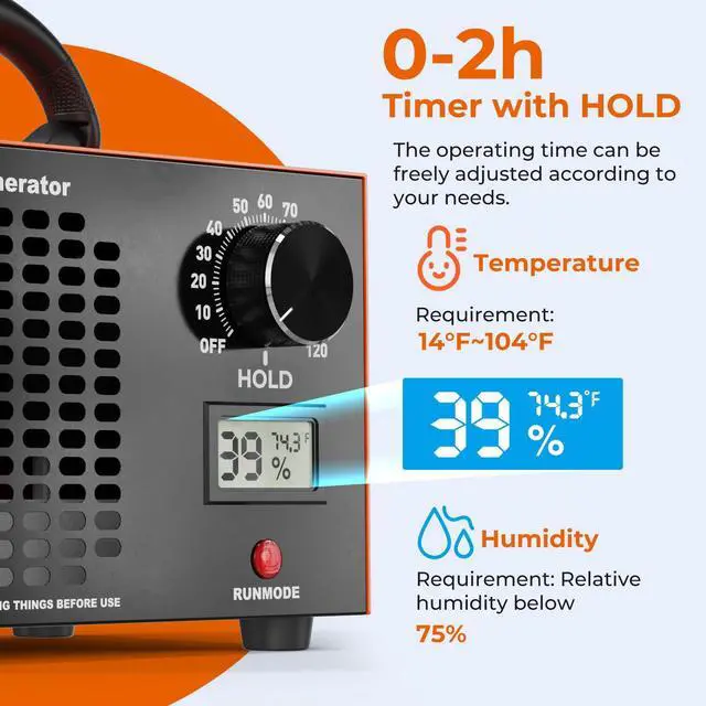 Alt view image 4 of 7 - Ozone Generator 160,000mg/H with Temp/Humidity Display - 120 Min Timer O3 Ionizer Air Purifier for Large Spaces (5000 Sq.Ft) - Upgraded Ozone Machine for Cars, Homes, Hotels, Kitchens & Pet Areas