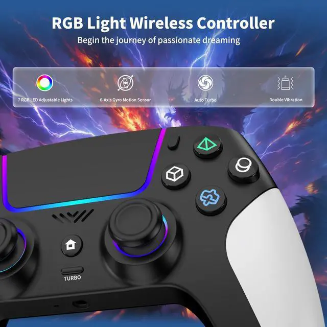 Alt view image 2 of 7 - Wireless Controller for PS5 with RGB LED,TURBO, Dual Vibration, 6 Axis Gyro Sensor, Touchpad, Ergonomic for Playstation 5 Controller, Compatible with PlayStation 5/PC/Mac, Anti-Slip Black and White